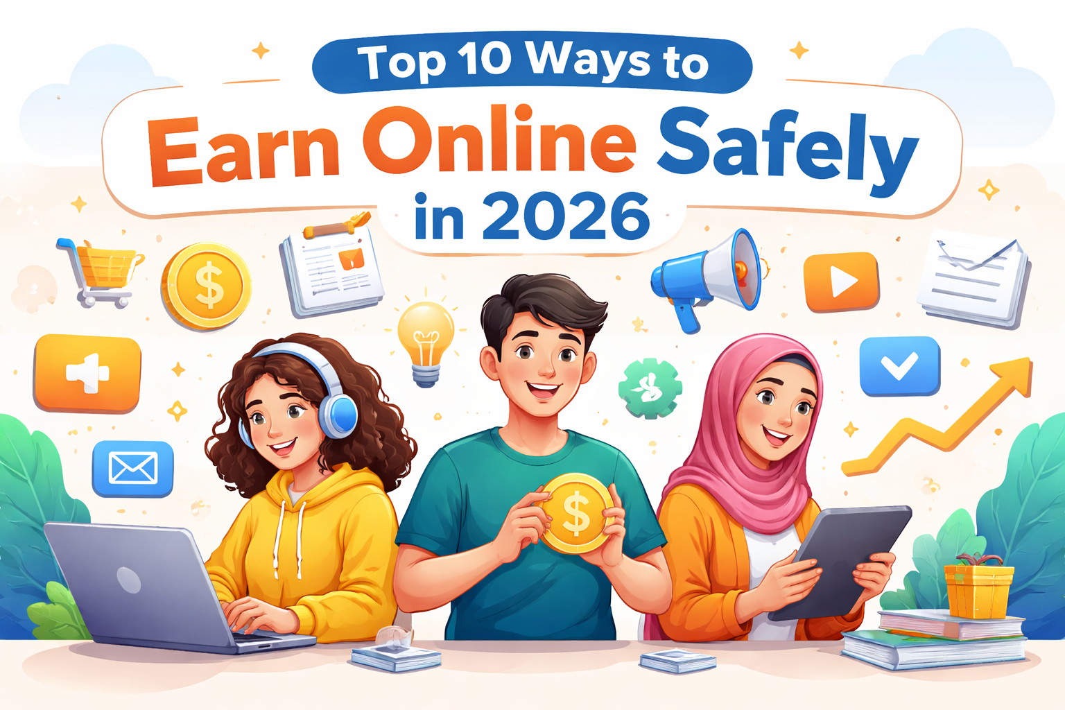 From Zero to Online Income 2026 blog banner showing a beginner working on laptop with growth icons, coins, and success concept for online earning roadmap