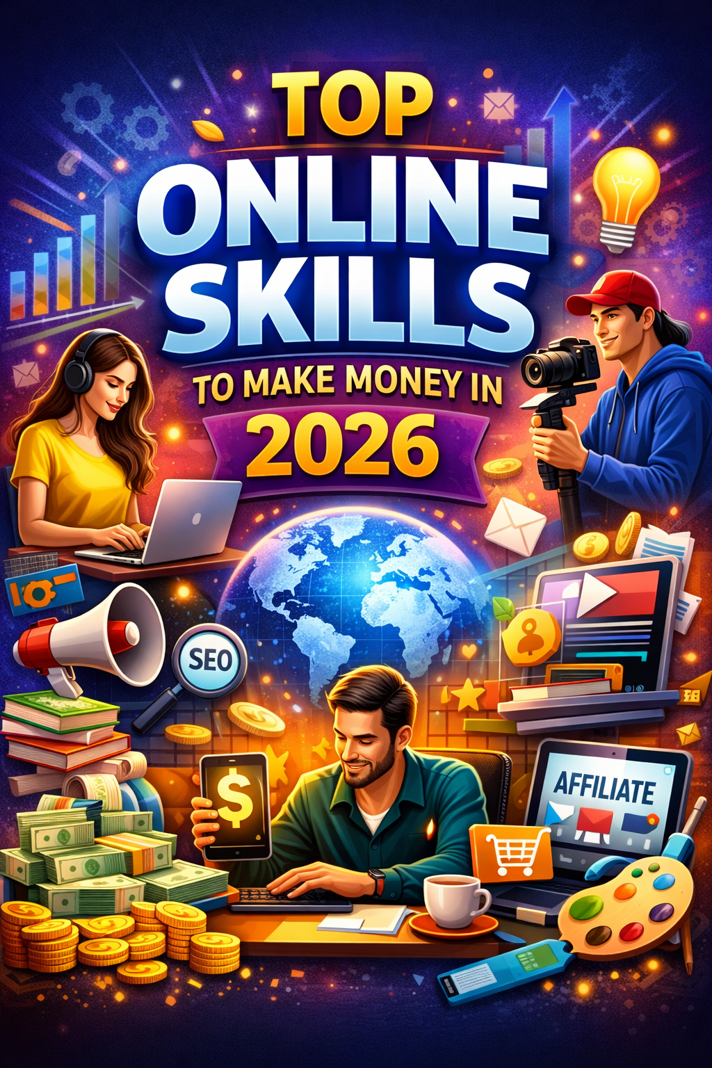 Top 7 online skills to make money in 2026 including digital marketing, freelancing, content writing, graphic design, video editing, affiliate marketing, and personal branding.