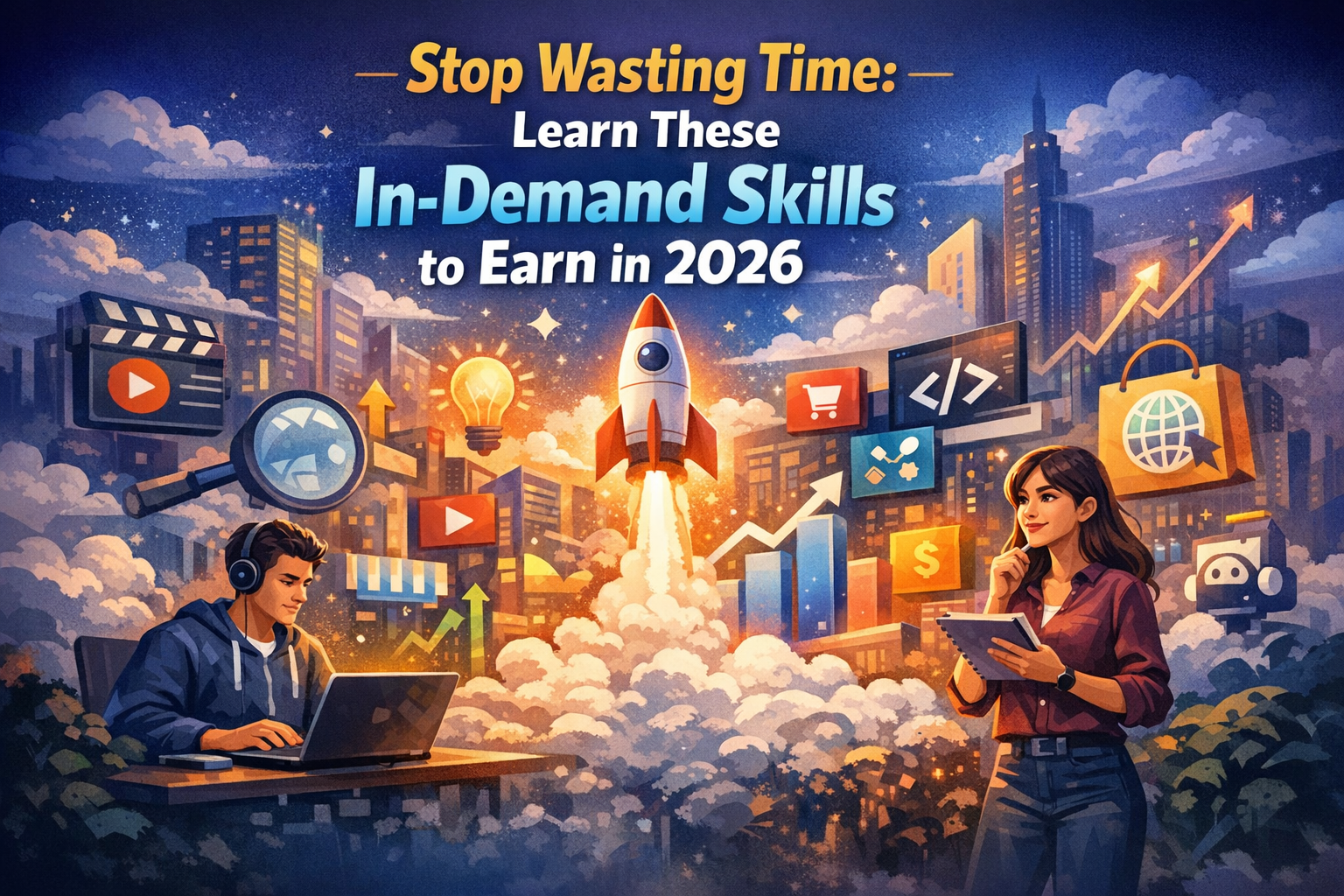 In-Demand Skills to Earn in 2026 concept image featuring digital marketing, AI automation, web development, and online income growth.