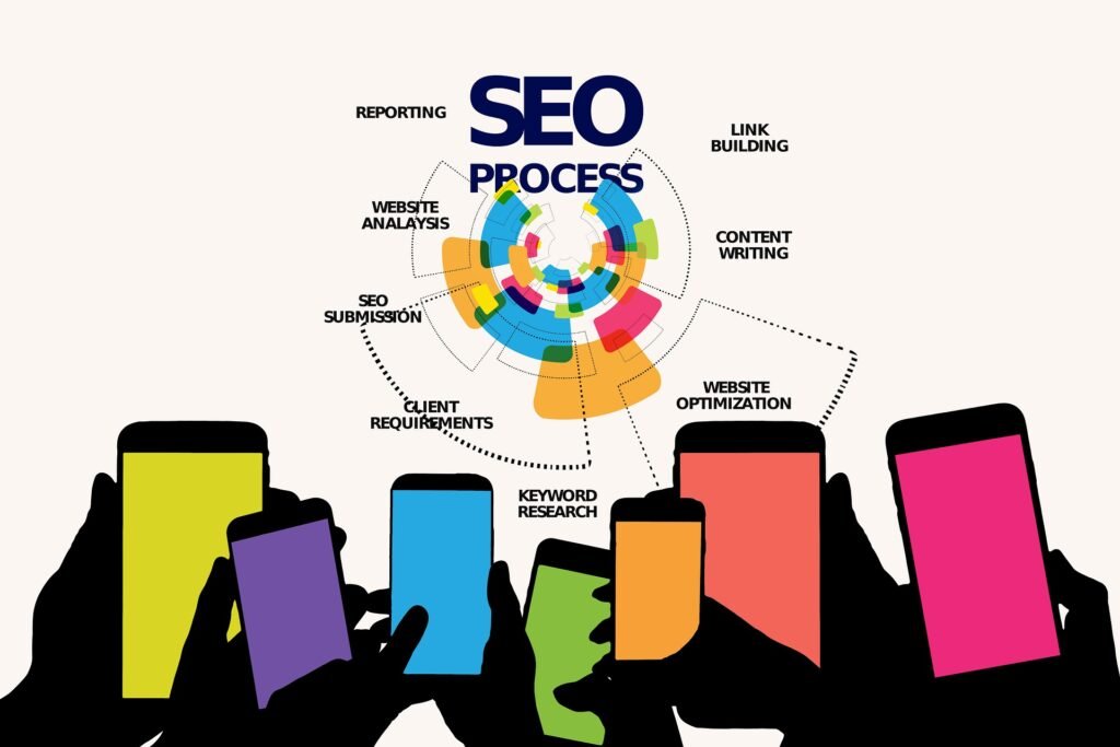 Digital marketing concept showing SEO and human writing balance
